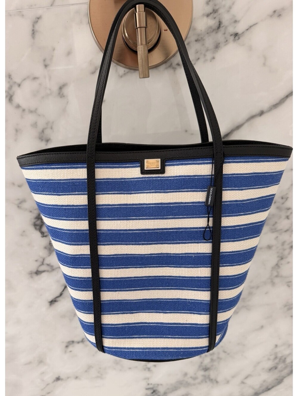 Dolce & Gabbana Blue White Stripe Canvas Tote Bag Black Leather NWT $1075
